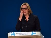 BIRMINGHAM, ENGLAND - OCTOBER 04: Home Secretary, Amber Rudd, delivers a her first speech as Home Secretary on the third day of the Conservative Party Conference 2016 at the International Conference Centre on October 4, 2016 in Birmingham, England. Ministers and senior Party members will address delegates throughout the day with a number of speeches discussing 'a society that works for everyone'. (Photo by Carl Court/Getty Images)