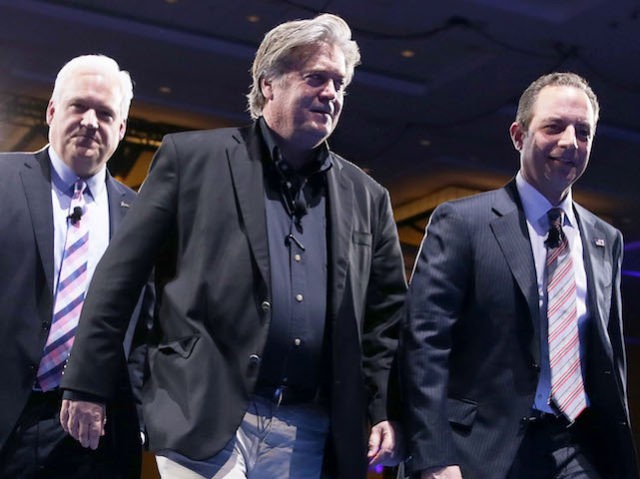NATIONAL HARBOR, MD - FEBRUARY 23:  (R-L) White House Chief of Staff Reince Priebus, White House Chief Strategist Steve Bannon and American Conservative Union Chairman Matt Schlapp leave after a conversation during the Conservative Political Action Conference at the Gaylord National Resort and Convention Center February 23, 2017 in National Harbor, Maryland. Hosted by the American Conservative Union, CPAC is an annual gathering of right wing politicians, commentators and their supporters.  (Photo by Alex Wong/Getty Images)