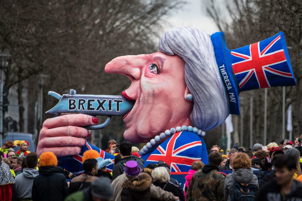 DUSSELDORF, GERMANY - FEBRUARY 27: A float featuring British Premier Theresa May drives in the annual Rose Monday parade on February 27, 2017 in Dusseldorf, Germany. Political satire is a traditional cornerstone of the annual parades and the ascension of Trump to the U.S. presidency, the rise of the populist far-right across Europe and the upcoming national elections in Germany provided rich fodder for float designers this year. (Photo by Lukas Schulze/Getty Images)