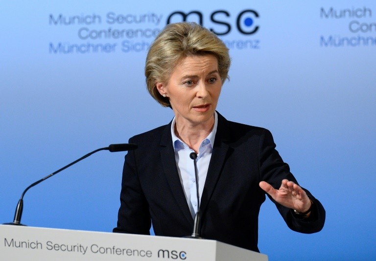 German Minister of Defense Ursula von der Leyen speaks on the first day of the 53rd Munich Security Conference (MSC) at the Bayerischer Hof hotel in Munich, southern Germany, on February 17, 2017