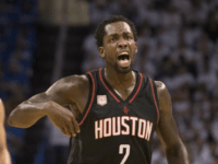 Patrick Beverley of the Houston Rockets reacts after being charged with a foul against the Oklahoma City Thunder on April 21, 2017