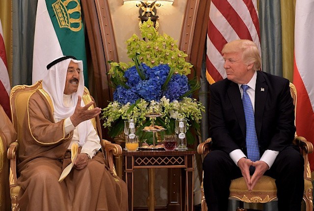 Trump and Kuwait’s Emir Sheikh Sabah al Ahmad al-Jaber al Sabah take part in a bilateral meeting at a hotel in Riyadh