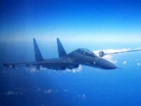 NANJING, Sept. 25, 2016 -- A Su-30 fighter of the Chinese Air Force gets fueled in the air during a drill, Sept. 25, 2016. The Chinese Air Force on Sunday sent more than 40 aircraft of various types to the West Pacific, via the Miyako Strait, for a routine drill on the high seas, a spokesperson said. Bombers and fighters of the PLA Air Force also conducted routine patrol in the East China Sea Air Defense Identification Zone. (Xinhua/Xie Jin via Getty Images)