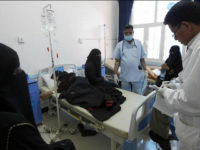 Yemenis suspected of being infected with cholera receive treatment at a hospital in Sanaa on May 25, 2017. Cholera has killed 315 people in Yemen in under a month, the World Health Organization has said, as another aid organisation warned Monday the outbreak could become a 'full-blown epidemic'. / AFP PHOTO / Mohammed HUWAIS (Photo credit should read MOHAMMED HUWAIS/AFP/Getty Images)