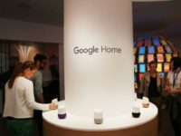 The Google Home smart home hub, shown here at a New York pop-up store in 2016, will communicate with GE Appliances under a deal announced Wednesday