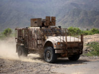 A picture taken on May 19, 2017 in Yemen's third-city of Taez shows an armoured vehicle belonging to Yemeni fighters supporting forces loyal to Yemen's Saudi-backed President Abedrabbo Mansour Hadi guarding a position during clashes with Shiite Huthi rebels. / AFP PHOTO / Ahmad AL-BASHA (Photo credit should read AHMAD AL-BASHA/AFP/Getty Images)
