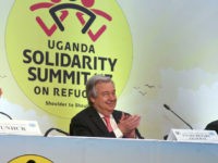 United Nations High Commissioner for Refugees Filippo Grandi, left, United Nations Secretary-General Antonio Guterres, center, and Uganda's President Yoweri Museveni, right, attend the Uganda Solidarity Summit on Refugees in Kampala, Uganda Friday, June 23, 2017. The United Nations secretary-general is making a plea for the protection of refugees around the world, saying some richer countries haven't been as tolerant as some in Africa, and seeking $8 billion for nearly a million South Sudanese refugees and the host communities that officials say are near the breaking point. (AP Photo/Stephen Wandera)