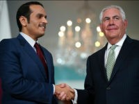 WASHINGTON, DC - JUNE 27: U.S. Secretary of State Rex Tillerson shakes hands with Qatari Foreign Minister Sheikh Mohammed Bin Abdulrahman Al Thani prior to a scheduled meeting at the State Department June 27, 2017 in Washington, DC. Tillerson and Bin Abdulrahman Al Thani were expected to discuss a range of bilateral issues during their meeting. (Photo by Win McNamee/Getty Images)