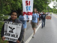 Scores of dairy farm workers and activists marching in Montpelier, Vt., on Saturday June, 17, 2017. They were marching to the main Ben & Jerry's factory in the Vermont town of Waterbury to protest what they feel are slow negotiations to reach a deal on their "Milk with Dignity" program that would ensure fair wages and living conditions. Ben & Jerry's spokesman Sean Greenwood says the company is committed to reaching a deal with workers. (AP Photo/Wilson Ring)