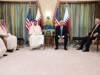 US President Donald Trump (C-R) and Qatar's Emir Sheikh Tamim Bin Hamad Al-Thani (C-L) take part in a bilateral meeting at a hotel in Riyadh on May 21, 2017. / AFP PHOTO / MANDEL NGAN (Photo credit should read MANDEL NGAN/AFP/Getty Images)