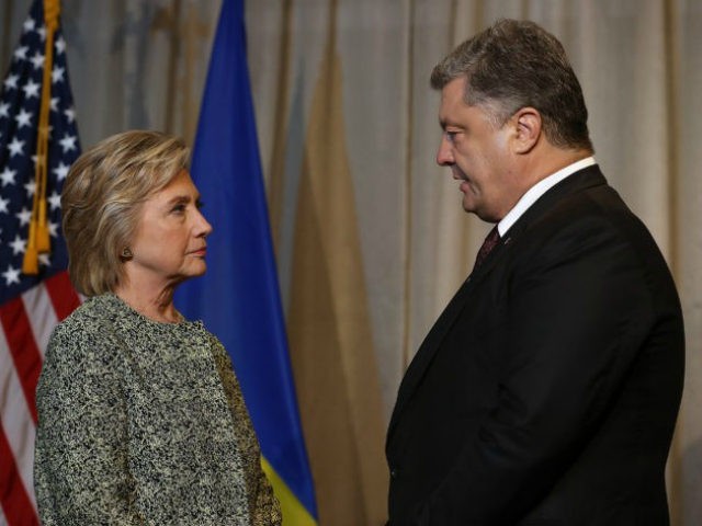 Democratic presidential nominee Hillary Clinton (L) meets with Ukrainian president Petro Poroshenko (R) at the Intercontinental Hotel on September 19, 2016 in New York City. Clinton is meeting with foreign leaders that are attending the United Nations General Assembly. (Photo by Justin Sullivan/Getty Images)