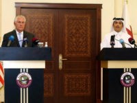 US Secretary of State Rex Tillerson and Qatari Foreign Minister Sheikh Mohammed bin Abdulrahman Al-Thani listen to questions by journalists during a press conference in Doha, on July 11, 2017. The US and Qatar announced they have signed an agreement on fighting terrorism, at a time when the emirate is facing sanctions from neighbouring countries which accuse it of supporting extremism. / AFP PHOTO / STRINGER (Photo credit should read STRINGER/AFP/Getty Images)