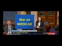 Democratic Senator Maria Cantwell gave a speech on the Senate floor Tuesday night about expanding Medicaid, all while standing next to a sign that read “War on MEDICAD.”