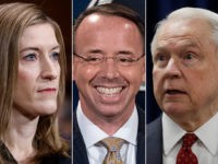 Left to right: Rachel Brand, Rod Rosenstein, and Jeff Sessions, the top three employees of President Donald Trump's Department of Justice (DOJ).