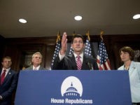 House Speaker Paul Ryan of Wis., center, joined by, from left, Rep. Markwayne Mullin, R-Okla., House Majority Leader Kevin McCarthy of Calif., and Rep. Cathy McMorris Rodgers, R-Wash., speaks at a news conference at the Republican National Committee Headquarters on Capitol Hill in Washington, Tuesday, July 18, 2017. (AP Photo/Andrew Harnik)