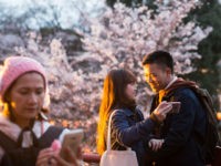 TOKYO, JAPAN - APRIL 02: A couple from Vietnam, right, takes a selfie photograph in front of a cherry tree in blossom on April 2, 2017 in Tokyo, Japan. Japan's cherry blossom season is reaching its climax this week. The season officially kicked off on March 21, 2017, when the Japanese Meteorological Agency confirmed the flowers on a sample tree in the Yasukuni Shrine were in bloom in Tokyo. (Photo by Tomohiro Ohsumi/Getty Images)