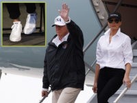 President Donald Trump, accompanied by first lady Melania Trump, waves as they arrive on Air Force One at Corpus Christi International Airport in Corpus Christi, Texas, Tuesday, Aug. 29, 2017, for briefings on Hurricane Harvey relief efforts. (AP Photo/Evan Vucci)
