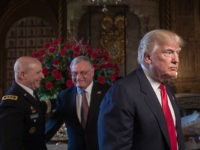 US President Donald Trump (R) walks away after naming US Army Lieutenant General H.R. McMaster (L) as his national security adviser and Keith Kellogg (C) as McMaster's chief of staff at his Mar-a-Lago resort in Palm Beach, Florida, on February 20, 2017. / AFP / NICHOLAS KAMM (Photo credit should read NICHOLAS KAMM/AFP/Getty Images)