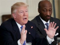 U.S. President Donald Trump speaks during the opening of a listening session with manufacturing CEOs in the State Dining Room of the White House February 23, 2017 in Washington, DC. Trump met with the CEOs in an effort to develop beneficial new policies on taxes, trade and job creation. Also pictured is Kenneth Frazier (R) CEO of Merck & Company. (Photo by Win McNamee/Getty Images)