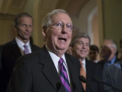 FILE - In this Aug. 1, 2017 file photo, Senate Majority Leader Mitch McConnell of Ky. speaks on Capitol Hill Washington. McConnell is condemning the “messages of hate and bigotry” carried by the KKK and white supremacist groups. (AP Photo/J. Scott Applewhite, File)