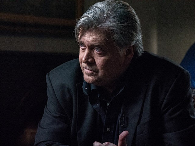 Steve Bannon, executive chairman of Breitbart News, speaks with CBS News' Charlie Rose for a 60 Minutes interview in the "Breitbart Embassy" in Washington, DC, September 6, 2017.