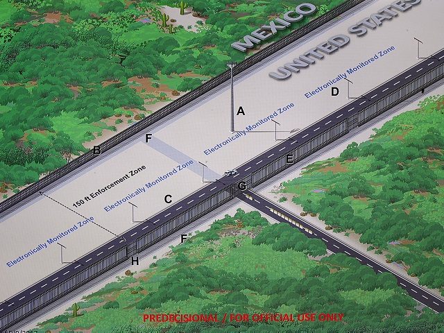 This photo show a concept illustration of a U.S.-Mexico border enforcement zone during a news conference where U.S. Customs and Border Protection Acting Deputy Commissioner Ronald Vitiello, announced Thursday, Aug. 31, 2017 in Washington, the selected vendors for construction of the concrete wall prototypes for the border wall. (AP Photo/Manuel Balce Ceneta)