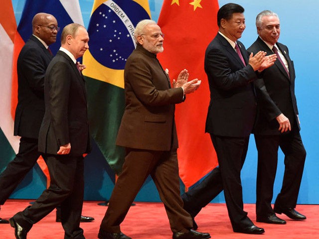 From L-R: Brazilian President Michel Temer, Chinese President Xi Jinping, Indian Prime Minister Narendra Modi, Russian President Vladimir Putin, and South Africa's President Jacob Zuma attend the BRICS Business Council and Signing ceremony at the BRICS Summit in Xiamen on September 4, 2017. Leaders of the BRICS grouping of emerging economies said September 4 they "strongly deplore" North Korea's latest nuclear test and hydrogen-bomb claim, which has overshadowed the five-nation group's annual summit. / AFP PHOTO / POOL / Kenzaburo FUKUHARA (Photo credit should read KENZABURO FUKUHARA/AFP/Getty Images)