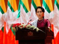 Myanmar's State Counsellor Aung San Suu Kyi delivers a national address in Naypyidaw on September 19, 2017. Aung San Suu Kyi said on September 19 she 'feels deeply' for the suffering of 'all people' caught up in conflict scorching through Rakhine state, her first comments on a crisis that also mentioned Muslims displaced by violence. / AFP PHOTO / Ye Aung THU (Photo credit should read YE AUNG THU/AFP/Getty Images)