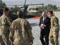 US Defense Secretary Jim Mattis arrives at Forward Operating Base Gamberi east of Kabul, Afghanistan, on an unannounced visit to the war-torn country on September 27, 2017. US Defense Secretary Jim Mattis and NATO chief Jens Stoltenberg renewed their commitment to Afghanistan on September 27, 2017, as insurgents fired rockets that killed one person and wounded 11 in Kabul. Mattis is the first member of US President Donald Trump's cabinet to visit the country since Trump last month pledged to stay the course in America's longest war. / AFP PHOTO / Thomas WATKINS (Photo credit should read THOMAS WATKINS/AFP/Getty Images)