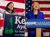 New Hampshire Gov. Maggie Hassan (D-NH) takes the stage to thank supporters with her husband Tom, daughter Meg, and family friend Liz Murphy (L) November 9, 2016 in Manchester, New Hampshire. Hassan is in a tight race with incumbent U.S. Sen. Kelly Ayotte (R-NH). (Photo by Darren McCollester/Getty Images)