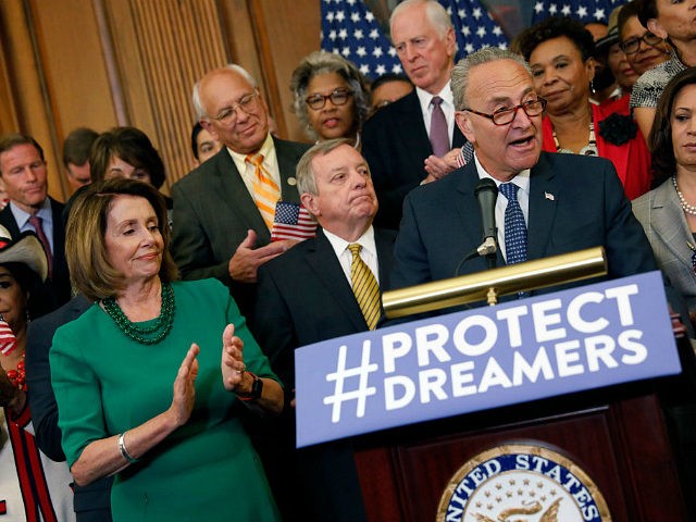 WASHINGTON, DC - SEPTEMBER 6: Senate Minority Leader Chuck Schumer (D-NY) speaks at a news conference about President Donald Trump's decision to end the Deferred Action for Childhood Arrivals (DACA) program at the U.S. Capitol September 6, 2017 in Washington, DC. Democrats called for action on young undocumented immigrants that came to the U.S. as children who now could face deportation if Congress does not act. (Photo by Aaron P. Bernstein/Getty Images)