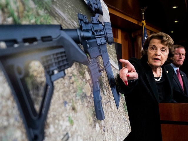 UNITED STATES - OCTOBER 4: Sen. Dianne Feinstein, D-Calif., and Sen. Richard Blumenthal, D-Conn., hold a news conference in the Capitol on Wednesday, Oct. 4, 2017, to introduce legislation to ban the sale and possession of bump-stock equipment used to turn a semiautomatic weapon into an automatic one. (Photo By Bill Clark/CQ Roll Call)