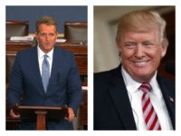 L: Sen. Jeff Flake announces on Oct. 24, 2017, that he will not seek re-election. R: Trump smiles.