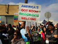 ELIZABETH, NJ - FEBRUARY 23: People protest outside of the Elizabeth Detention Center during a rally attended by immigrant residents and activists on February 23, 2017 in Elizabeth, New Jersey. Over 100 demonstrators chanted and held up signs outside of the center which is currently holding people awaiting deportation. The demonstrators, five of whom were arrested, denounced President Donald Trump and his deportation policies. Around the country stories of Immigration and Customs Enforcement (ICE) raids have sent fear through immigrant communities. (Photo by Spencer Platt/Getty Images)