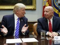 In this Sept. 26, 2017 photo, Rep. Kevin Brady, R-Texas, right, listens as President Donald Trump speaks during a meeting with members of the House Ways and Means committee in the Roosevelt Room of the White House in Washington. Brady says he’s discussing the 401(k) issue with President Donald Trump, who earlier this week shot down the possibility of changes to the popular savings program. (AP Photo/Evan Vucci)