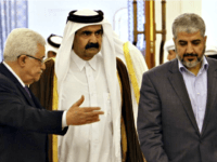 , then-Emir of Qatar, Sheikh Hamad Bin Khalifa Al-Thani, center, Palestinian President Mahmoud Abbas,