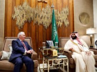 Secretary of State Rex Tillerson and Saudi Crown Prince Mohammed bin Salman are seated for their meeting at Al-Awja Farm, Sunday, Oct. 22, 2017, in Riyadh, Saudi Arabia. (AP Photo/Alex Brandon, Pool)