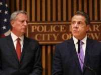 NEW YORK, NY - NOVEMBER 01: New York Governor Andrew Cuomo stands with New York City Mayor Bill de Blasio while speaking at a news conference concerning yesterday's attack along a bike path in lower Manhattan that is being called a terrorist incident on November 1, 2017 in New York City. Eight people were killed and 12 were injured on Tuesday afternoon when suspect 29-year-old Sayfullo Saipov intentionally drove a truck onto a bike path in lower Manhattan. (Photo by Spencer Platt/Getty Images)