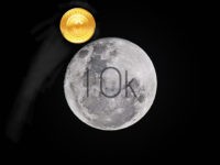 Illustration of Bitcoin rising over the moon -- the coin reached a price of $10,000 on November 28.