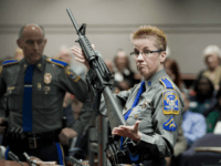 FILE - In this Jan. 28, 2013, file photo, firearms training unit Detective Barbara J. Mattson, of the Connecticut State Police, holds up a Bushmaster AR-15 rifle, the same make and model of gun used by Adam Lanza in the Sandy Hook School shooting, for a demonstration during a hearing of a legislative subcommittee reviewing gun laws, at the Legislative Office Building in Hartford, Conn. Lawyers for a survivor and relatives of nine killed in the shooting filed papers Tuesday, Nov. 15, 2016, asking the state Supreme Court to hear their appeal of a wrongful-death lawsuit dismissed in October 2016 against Remington Arms. (AP Photo/Jessica Hill, File)