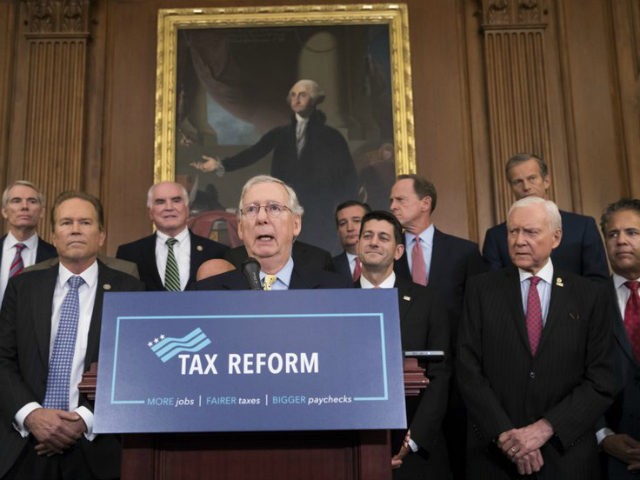 This Sept. 27, 2017, file photo shows Senate Majority Leader Mitch McConnell, R-Ky., center, joining Speaker of the House Paul Ryan, R-Wis., and other GOP lawmakers to talk about the Republicans’ proposed rewrite of the tax code for individuals and corporations, at the Capitol in Washington. The Republican tax plan will deliver a swift adrenaline shot to the economy that will send hundreds of billions pouring into federal tax coffers, the Trump administration asserts in a new analysis. House and Senate negotiators are rushing to finalize the tax legislation and deliver the promised measure to President Donald Trump before Christmas. Trump will try on Wednesday, Dec. 13, 2017 to sell the American people on an unpopular GOP tax overhaul. (AP Photo/J. Scott Applewhite, file)