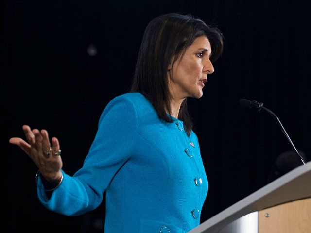 US Ambassador to the United Nations Nikki Haley unveils previously classified information intending to prove Iran violated UNSCR 2231 by providing the Houthi rebels in Yemen with arms during a press conference at Joint Base Anacostia in Washington, DC, on December 14, 2017. Haley said Thursday that a missile fired by Huthi militants at Saudi Arabia last month had been made in Iran. 'It was made in Iran then sent to Huthi militants in Yemen,' Haley said of the missile. / AFP PHOTO / JIM WATSON (Photo credit should read JIM WATSON/AFP/Getty Images)