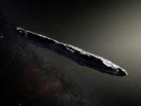An artist's impression of Oumuamua, the first interstellar asteroid, which has a coating that might be protecting a water-ice interior