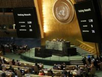 The voting results are displayed on the floor of the United Nations General Assembly in which the United States declaration of Jerusalem as Israel's capital was declared "null and void" on December 21, 2017 in New York City