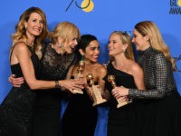 Laura Dern, from left, Nicole Kidman, Zoe Kravitz, Reese Witherspoon and Shailene Woodley pose in the press room with the award for best television limited series or motion picture made for television for "Big Little Lies" at the 75th annual Golden Globe Awards at the Beverly Hilton Hotel on Sunday, Jan. 7, 2018, in Beverly Hills, Calif. (Photo by Jordan Strauss/Invision/AP)