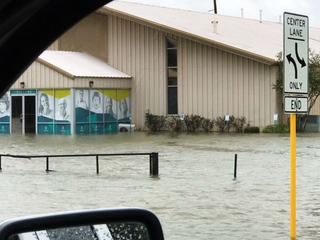 Hurricane Harvey flood waters invade Harvest Family Church in Cypress, Texas. (Photo: Becket Law Firm)