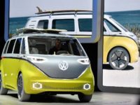 An I.D. Buzz is presented on the Volkswagen stand on the first media day of the International Frankfurt Motor Show IAA in Frankfurt, Germany, Tuesday, Sept. 12, 2017, which runs through Sept. 24, 2017. (AP Photo/Martin Meissner)