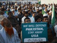 Supporters of the Pakistan Defense Council, an alliance of hardline Islamist religious leaders and politicians, gather during an anti-U.S protest in Islamabad on August 27, 2017. Pakistan's political, religious and military leaders have rejected President Donald Trump's allegation that Islamabad is harboring militants who battle U.S. forces in Afghanistan. / AFP PHOTO / FAROOQ NAEEM (Photo credit should read FAROOQ NAEEM/AFP/Getty Images)