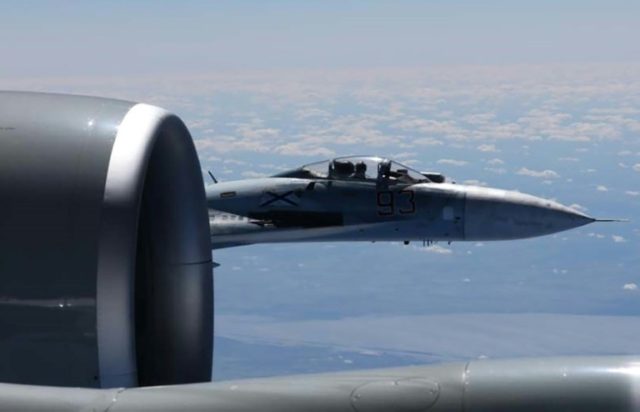 This file photo shows a Russian SU-27 Flanker fighter jet photographed from a US Air Force reconnaissance plane over the Baltic Sea last year