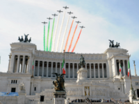 The Frecce Tricolore air squadron flies over the munment dedictaed to Vittorio Emanuele II, the Altar of the Fatherland, prior a military parade to mark the anniversary of the founding of the Italian republic in 1946 and the 150th anniversary of Italian unification attended by world leaders on June 2, 2011 in Rome. After the end of World War II and the killing of Mussolini, Italians voted in a popular referendum on June 2, 1946 to abolish the monarchy. AFP PHOTO / TIZIANA FABI (Photo credit should read TIZIANA FABI/AFP/Getty Images)
